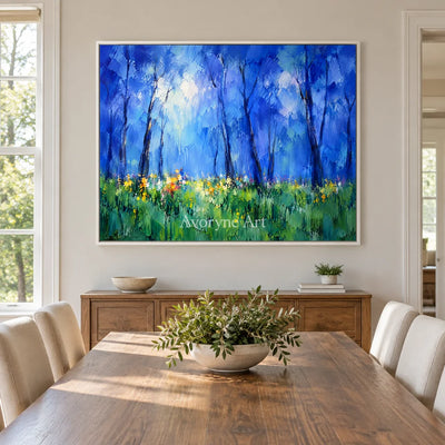Bluewood Dawn: Blue Forest Landscape Wall Art — dining white