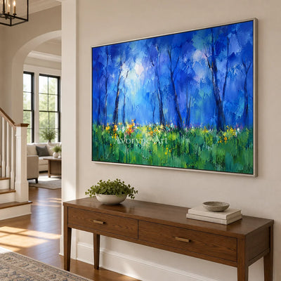 Bluewood Dawn: Blue Forest Landscape Wall Art — entry silver