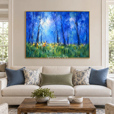 Bluewood Dawn: Blue Forest Landscape Wall Art — living gold