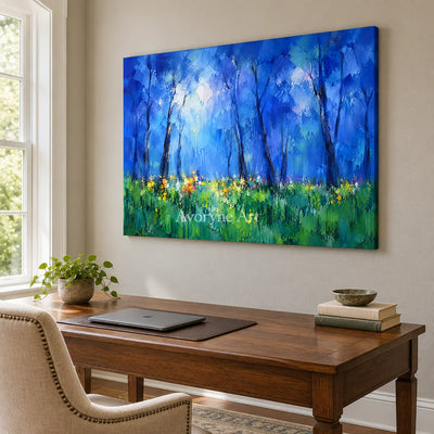 Bluewood Dawn: Blue Forest Landscape Wall Art — office frameless