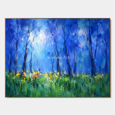Bluewood Dawn: Blue Forest Landscape Wall Art — primary