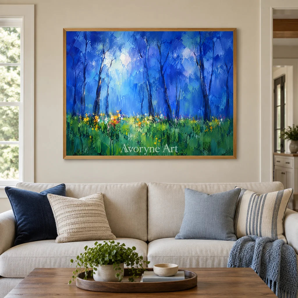 Bluewood Dawn: Blue Forest Landscape Wall Art — villa wood
