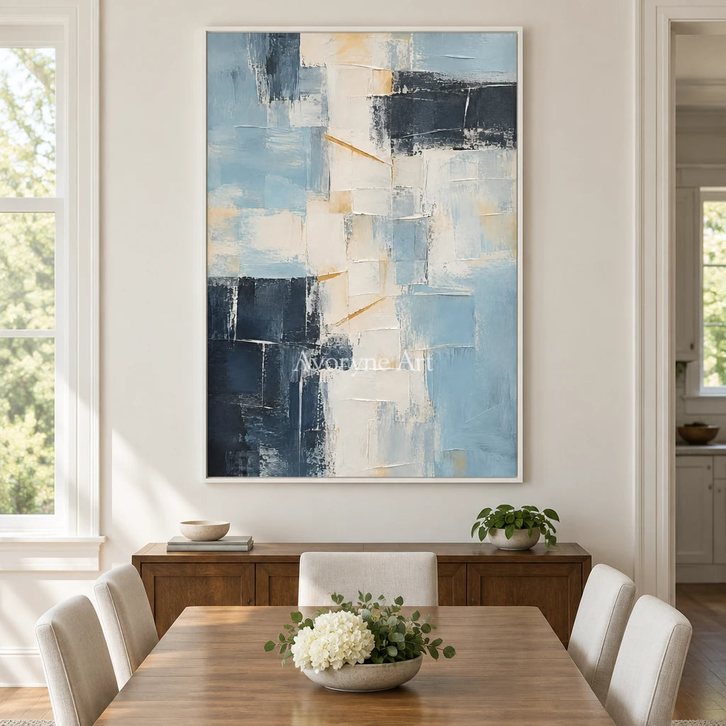 Aven Blue Palimpsest: Blue Geometric Abstract — dining white