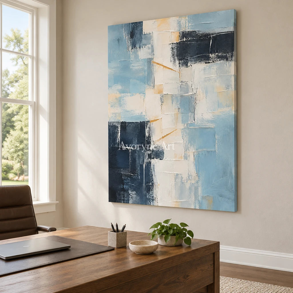 Aven Blue Palimpsest: Blue Geometric Abstract — office frameless