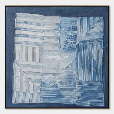 Earthen Solace, hand-painted blue geometric texture wall art by Min-Jun Park