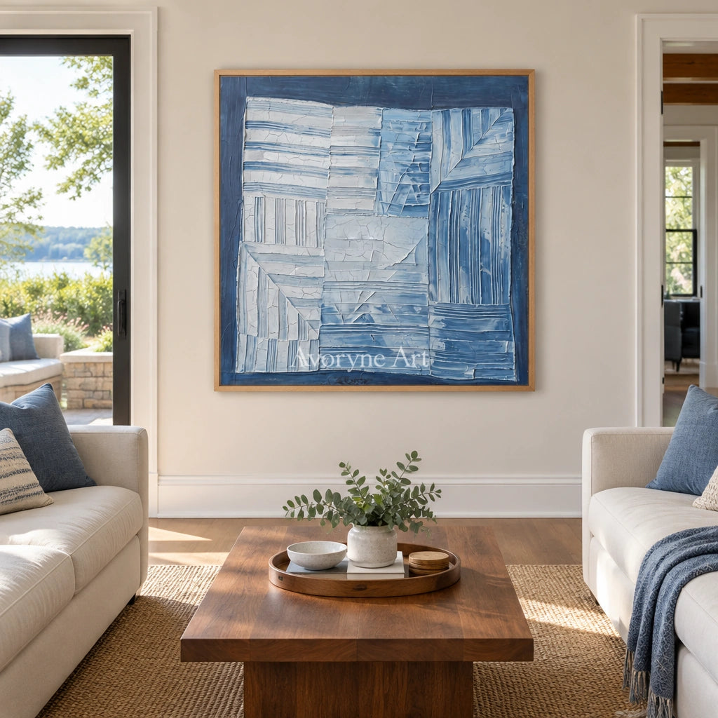 Earthen Solace blue geometric texture wall art with a wood frame in a villa living space