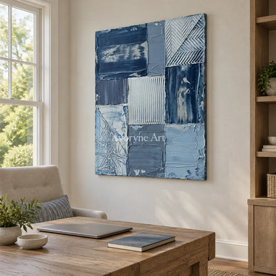 Hushed Measure blue geometric texture wall art as a frameless stretched canvas in a home office