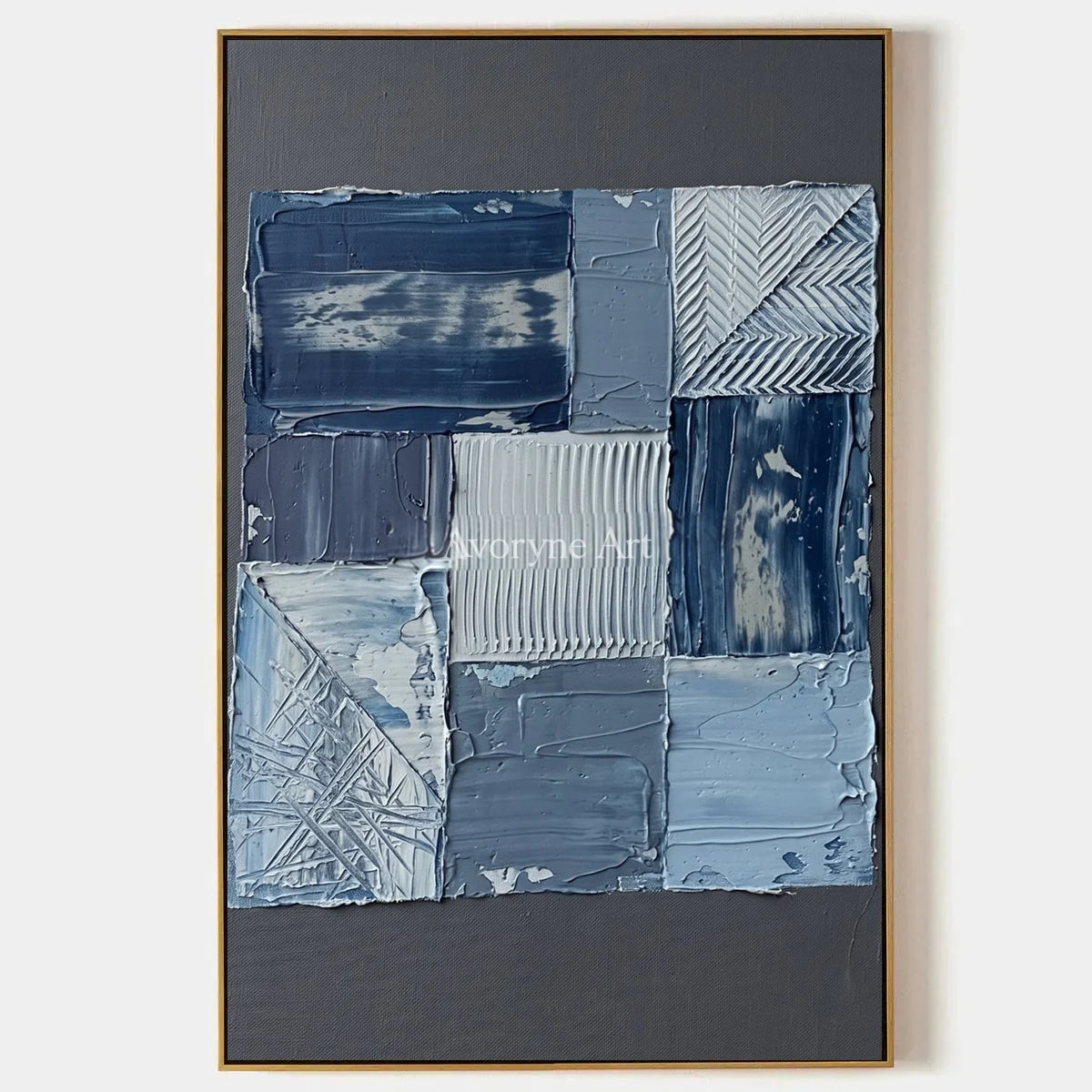 Hushed Measure, hand-painted blue geometric texture wall art by Min-Jun Park