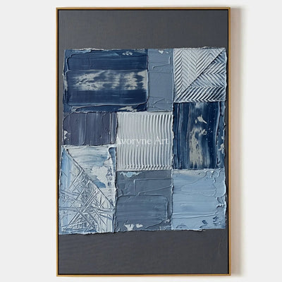 Hushed Measure, hand-painted blue geometric texture wall art by Min-Jun Park