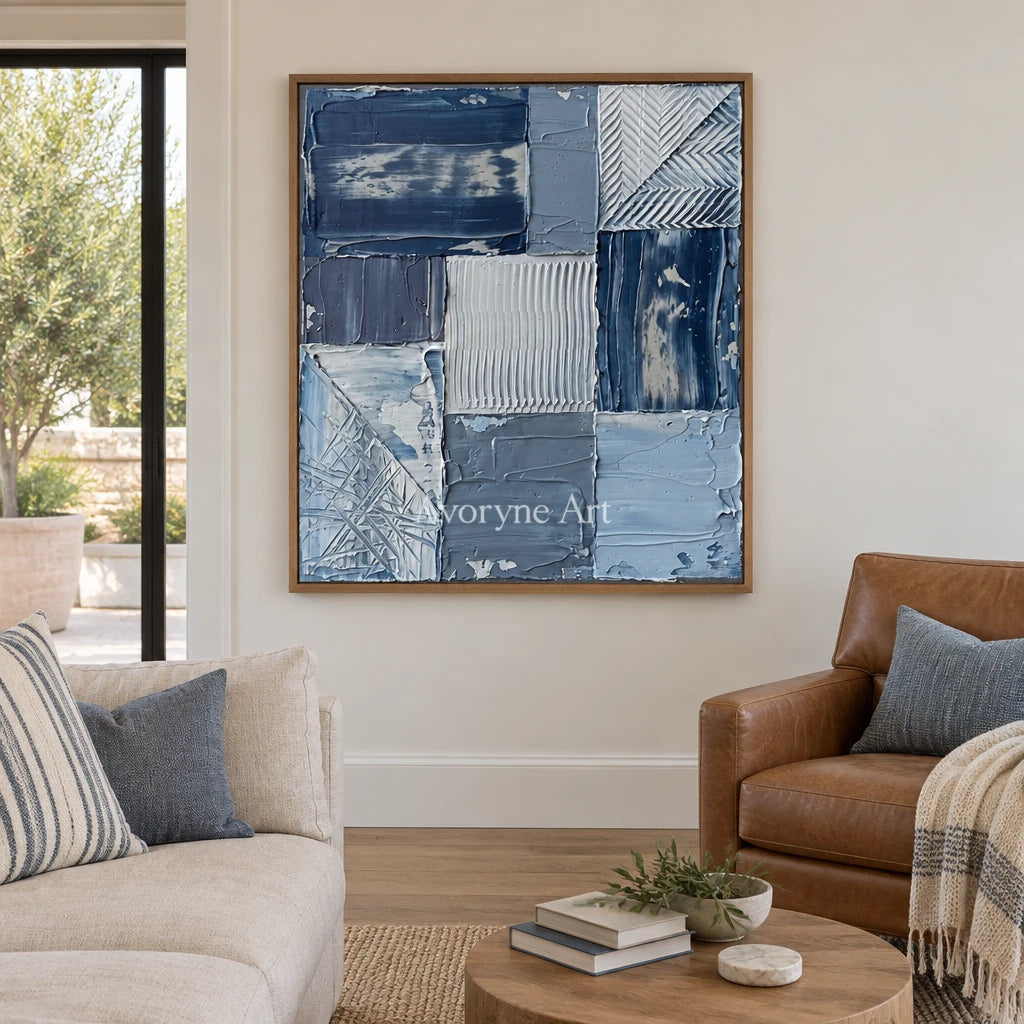 Hushed Measure blue geometric texture wall art with a wood frame in a villa living space