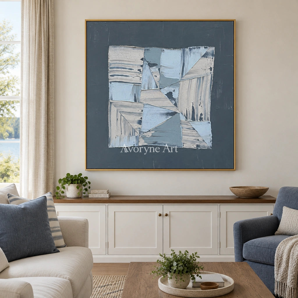 Hushed Rhythm blue geometric texture wall art with a gold frame hanging in a living room