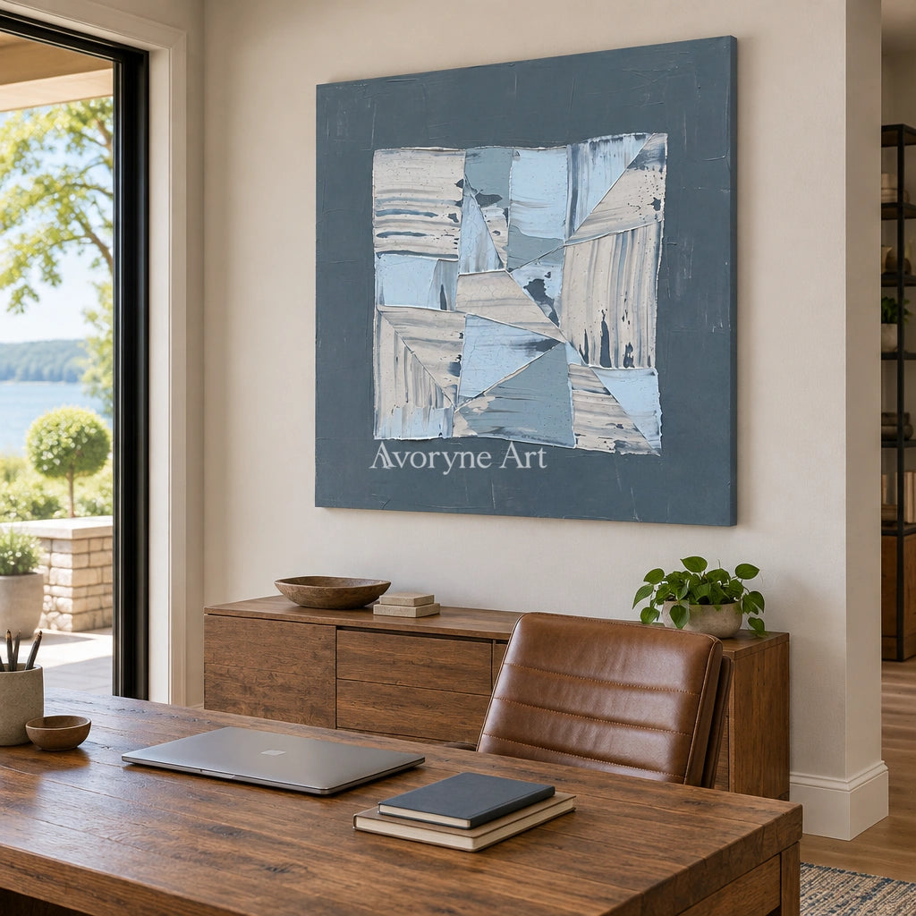 Hushed Rhythm blue geometric texture wall art as a frameless stretched canvas in a home office