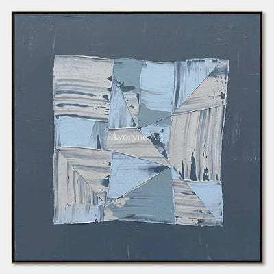 Hushed Rhythm, hand-painted blue geometric texture wall art by Min-Jun Park
