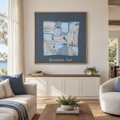 Hushed Rhythm blue geometric texture wall art with a wood frame in a villa living space