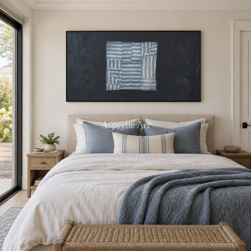 Mineral Refrain blue geometric texture wall art with a black frame above a bed in a bedroom
