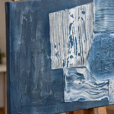 Close-up of the hand-painted texture of Mineral Passage blue geometric texture wall art on an easel