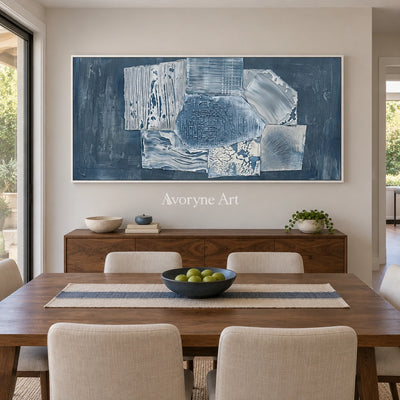 Mineral Passage blue geometric texture wall art with a white frame in a dining room