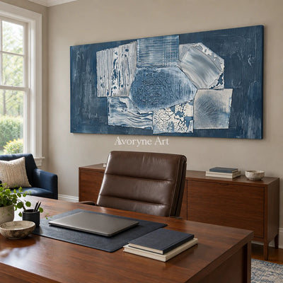Mineral Passage blue geometric texture wall art as a frameless stretched canvas in a home office