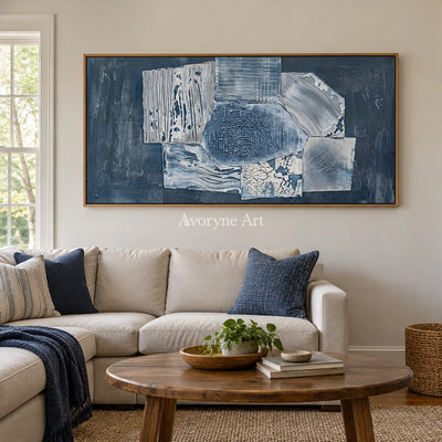 Mineral Passage blue geometric texture wall art with a wood frame in a villa living space