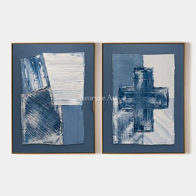 Soft Refrain, hand-painted blue geometric texture diptych by Min-Jun Park