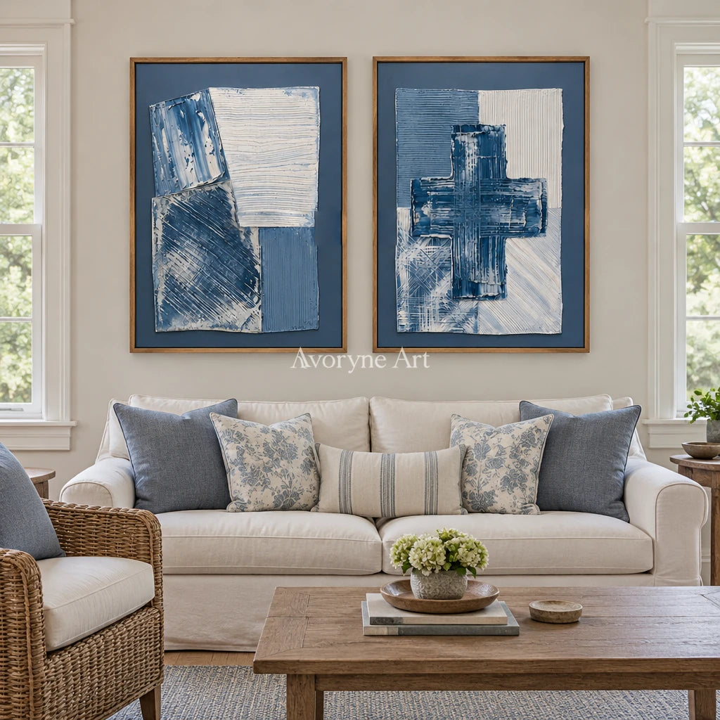 Soft Refrain blue geometric texture diptych with a wood frame in a villa living space