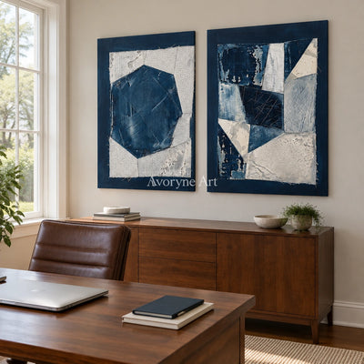 Hushed Current blue geometric texture diptych as a frameless stretched canvas in a home office