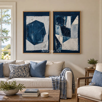 Hushed Current blue geometric texture diptych with a wood frame in a villa living space