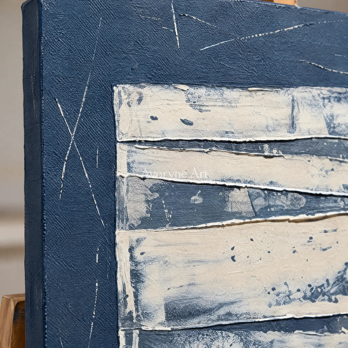 Close-up of the hand-painted texture of Hushed Solace blue geometric texture triptych on an easel