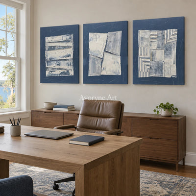 Hushed Solace blue geometric texture triptych as a frameless stretched canvas in a home office