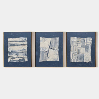 Hushed Solace, hand-painted blue geometric texture triptych by Min-Jun Park