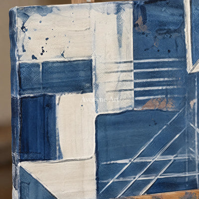 Close-up of the hand-painted texture of Mineral Horizon blue geometric texture triptych on an easel