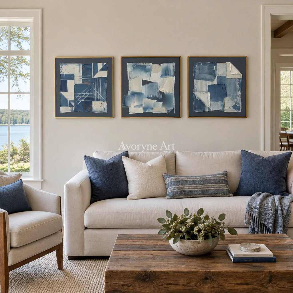 Mineral Horizon blue geometric texture triptych with a gold frame hanging in a living room