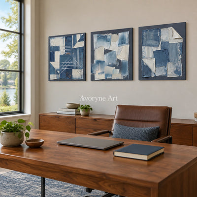 Mineral Horizon blue geometric texture triptych as a frameless stretched canvas in a home office