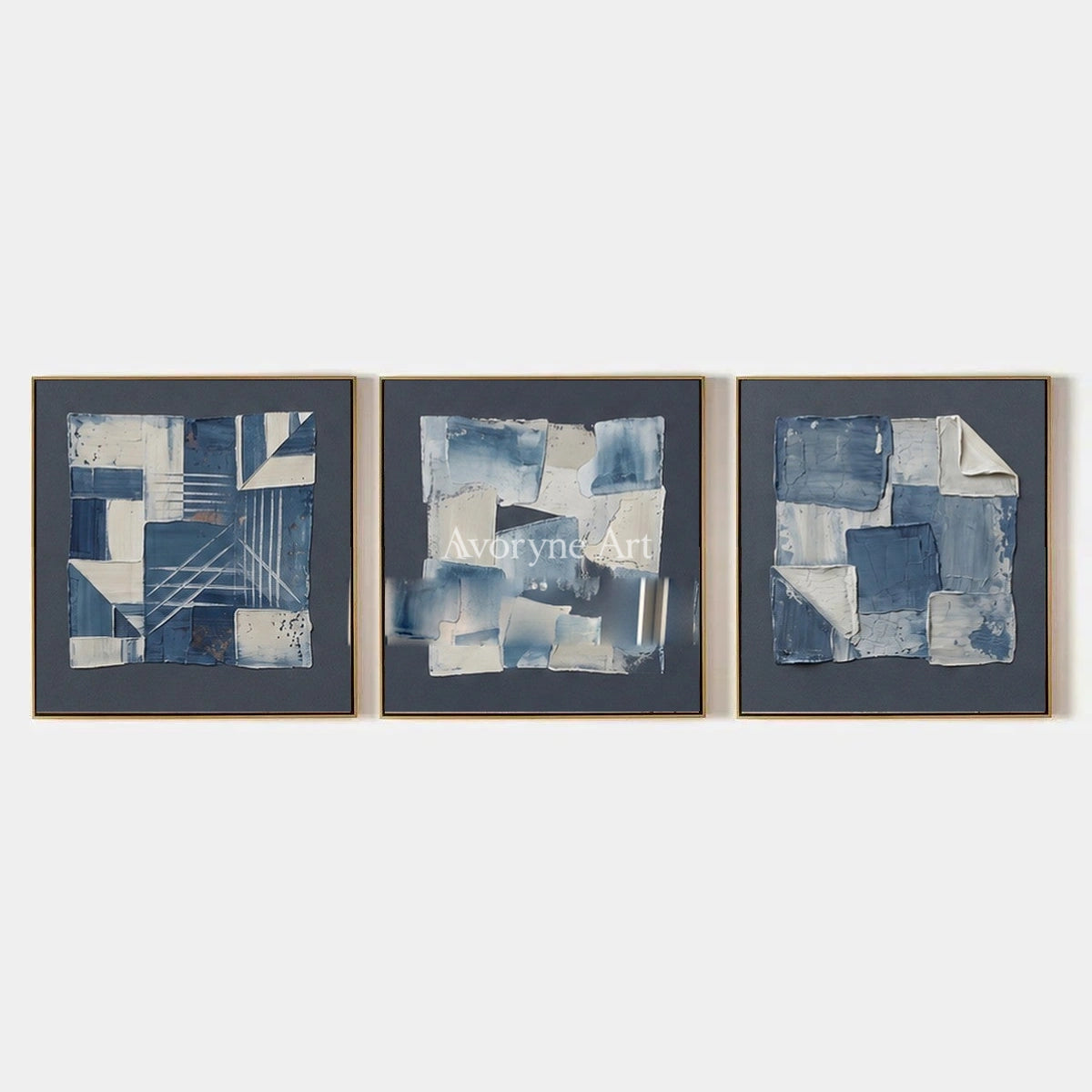 Mineral Horizon, hand-painted blue geometric texture triptych by Min-Jun Park