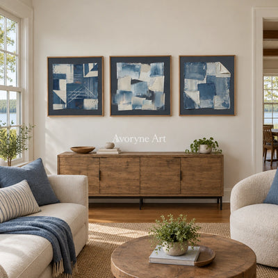 Mineral Horizon blue geometric texture triptych with a wood frame in a villa living space