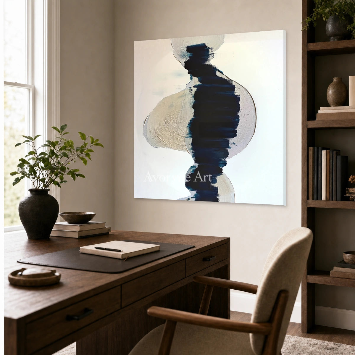 Indigo Axis: Blue Gestural Texture Square Abstract Wall Art — office frameless