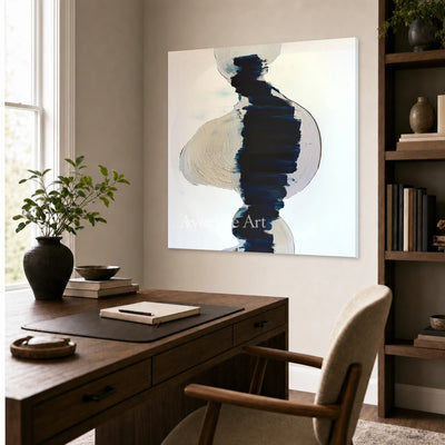 Indigo Axis: Blue Gestural Texture Square Abstract Wall Art — office frameless