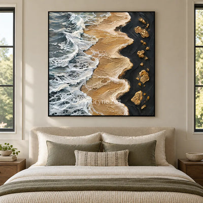 Golden Surf: Blue Gold Coastal Impasto Wall Art — bedroom black
