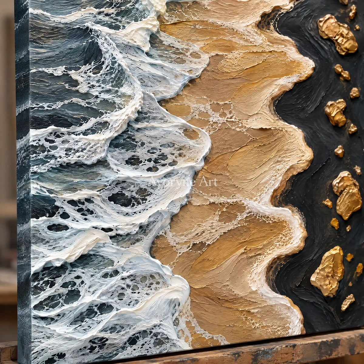 Golden Surf: Blue Gold Coastal Impasto Wall Art — detail easel