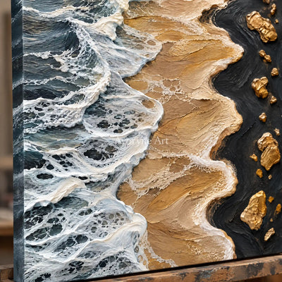 Golden Surf: Blue Gold Coastal Impasto Wall Art — detail easel