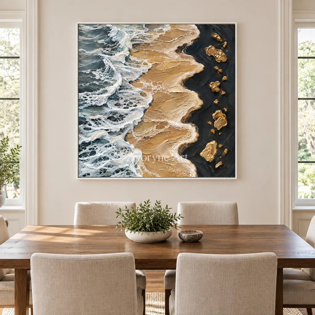 Golden Surf: Blue Gold Coastal Impasto Wall Art — dining white