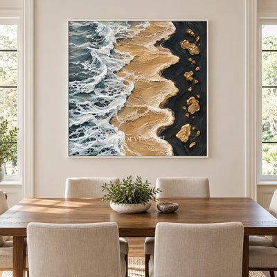 Golden Surf: Blue Gold Coastal Impasto Wall Art — dining white