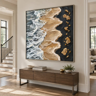 Golden Surf: Blue Gold Coastal Impasto Wall Art — entry silver