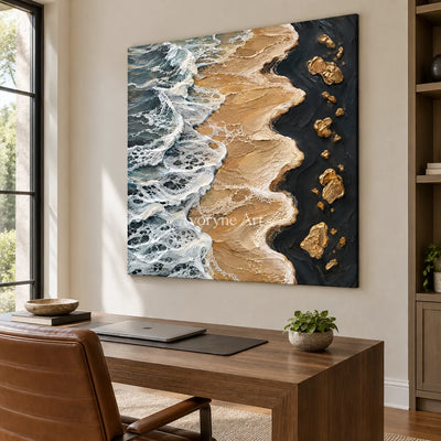 Golden Surf: Blue Gold Coastal Impasto Wall Art — office frameless