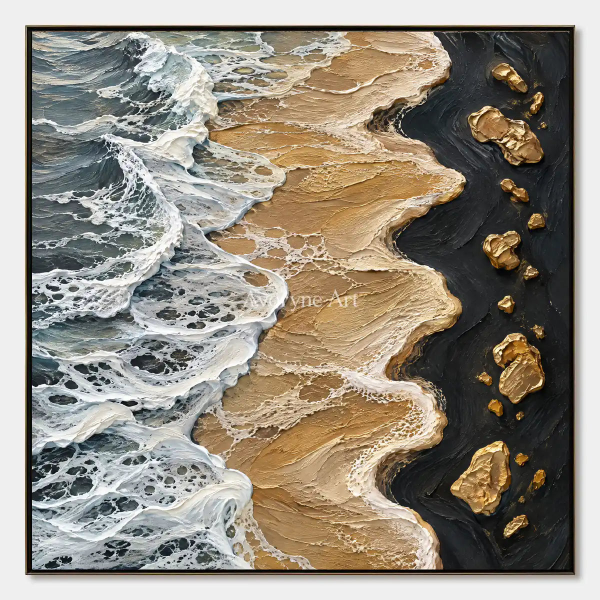 Golden Surf: Blue Gold Coastal Impasto Wall Art — primary