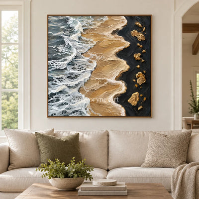 Golden Surf: Blue Gold Coastal Impasto Wall Art — villa wood