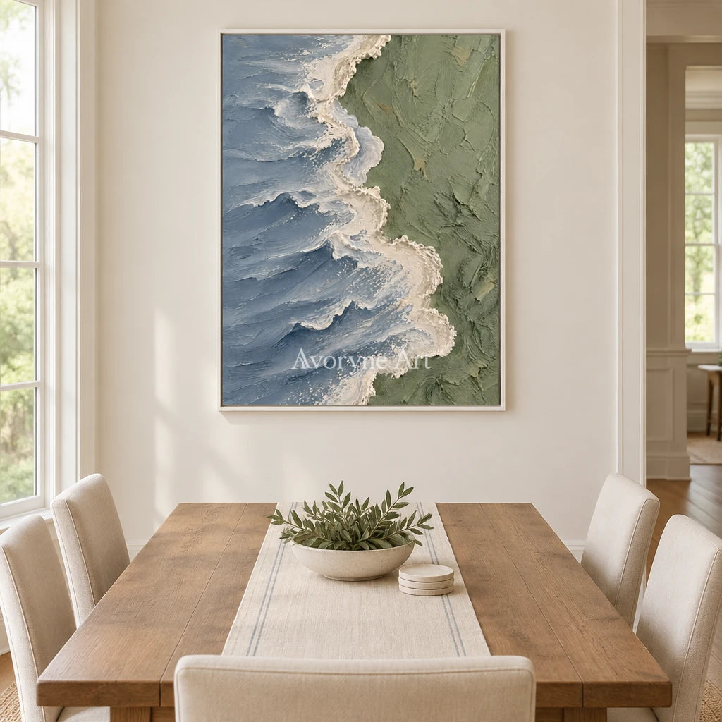 Slate Shore: Blue Gray Coastal Relief Wall Art — dining white