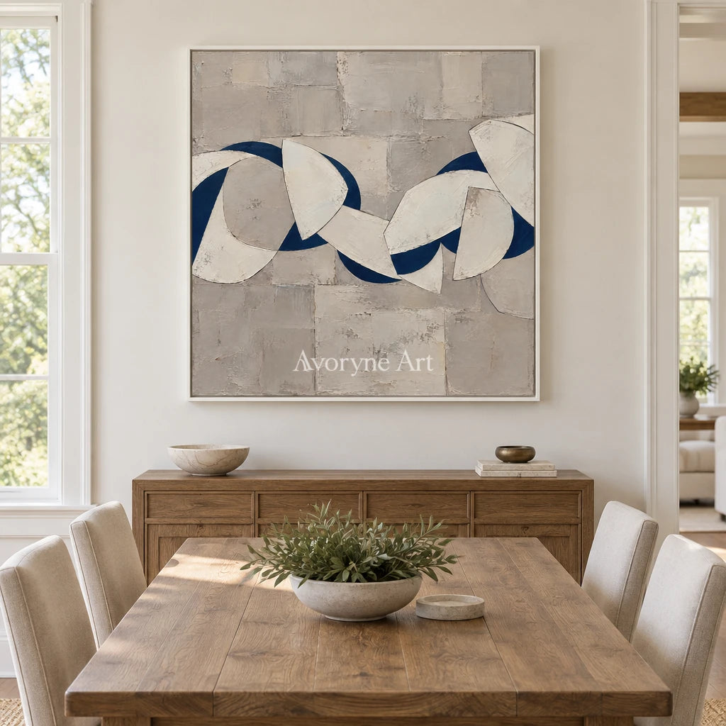 Blue Interlace: Blue Gray Geometric Wall Art — dining white