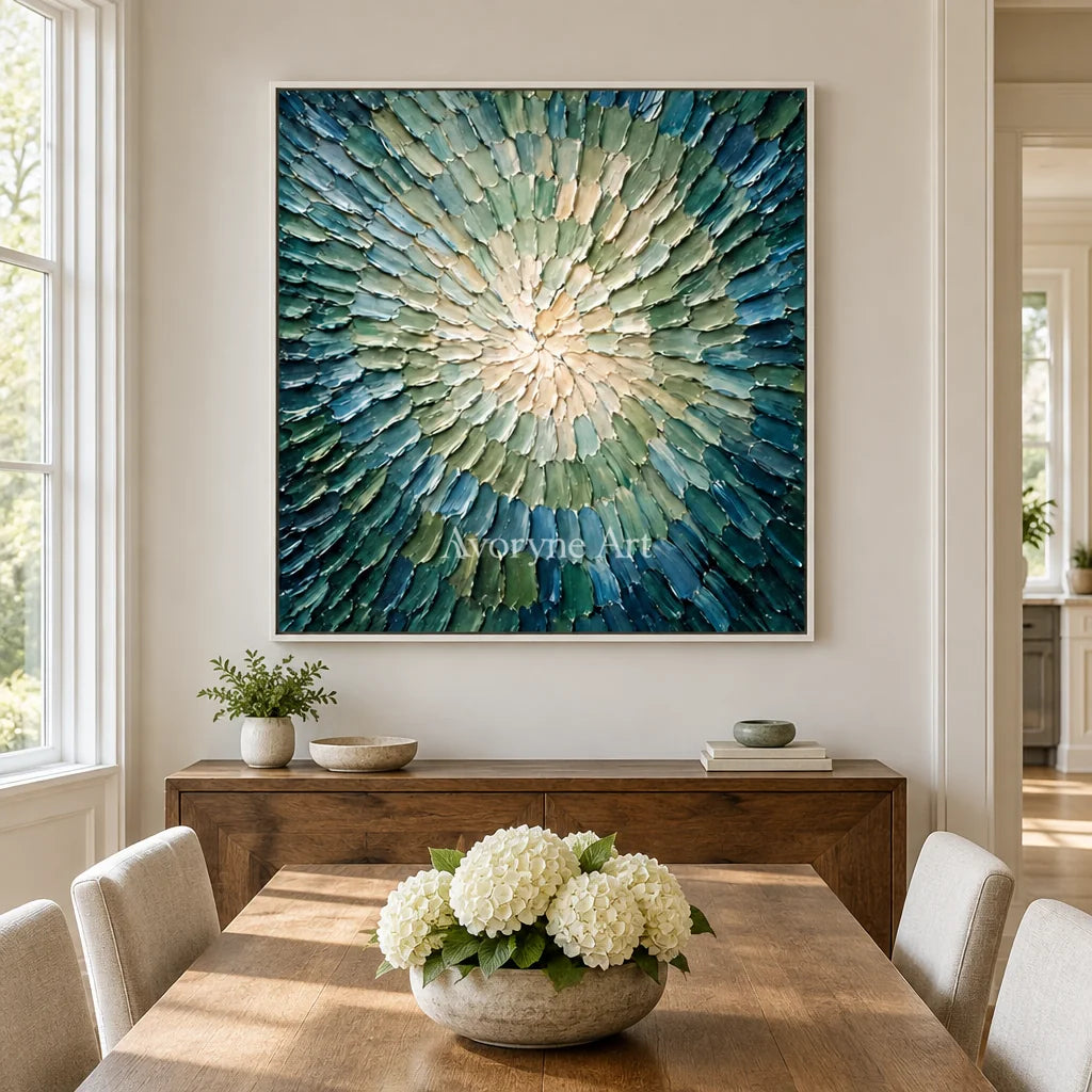 Aster Divide: Blue Green Burst Art — dining white