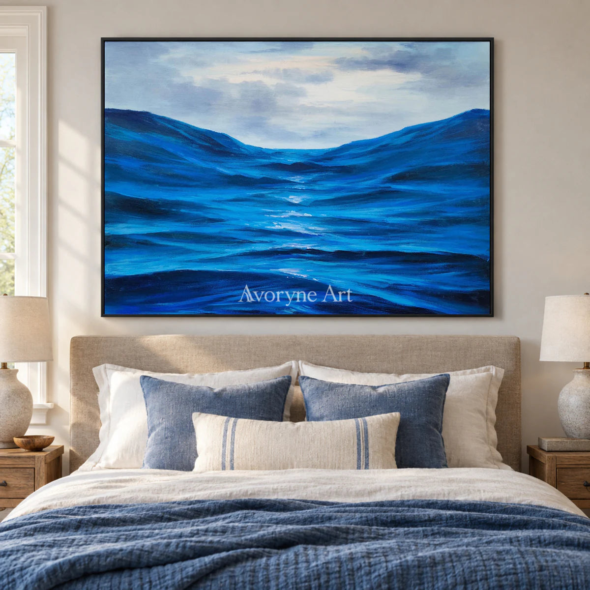 Between Blue Swells: Blue Impressionist Ocean Wave Wall Art — bedroom black
